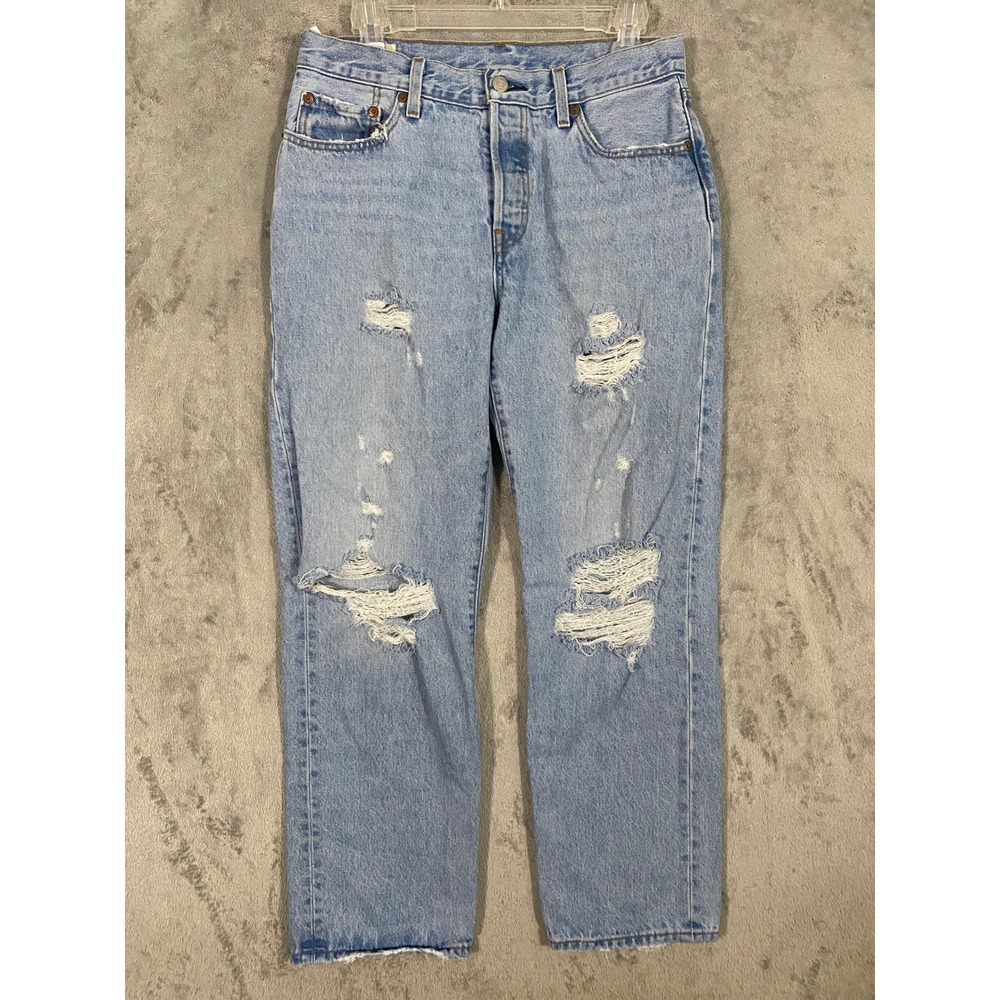 Levis 501 Premium Jeans Womens 28x30 Faded Blue Distressed Grunge Streetwear